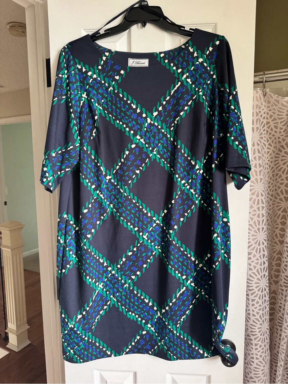 Navy Geometric Shift Dress with Teal & Green Accents - Unknown Brand